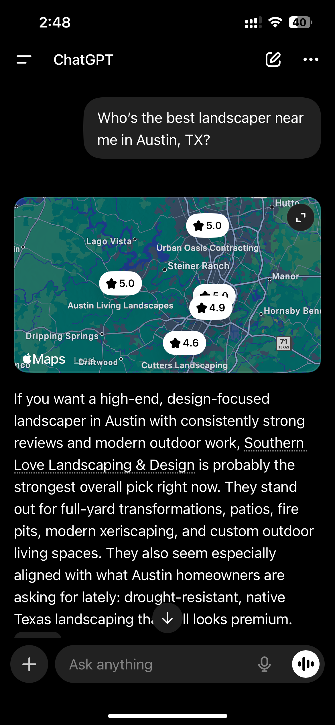 ChatGPT recommending a local business